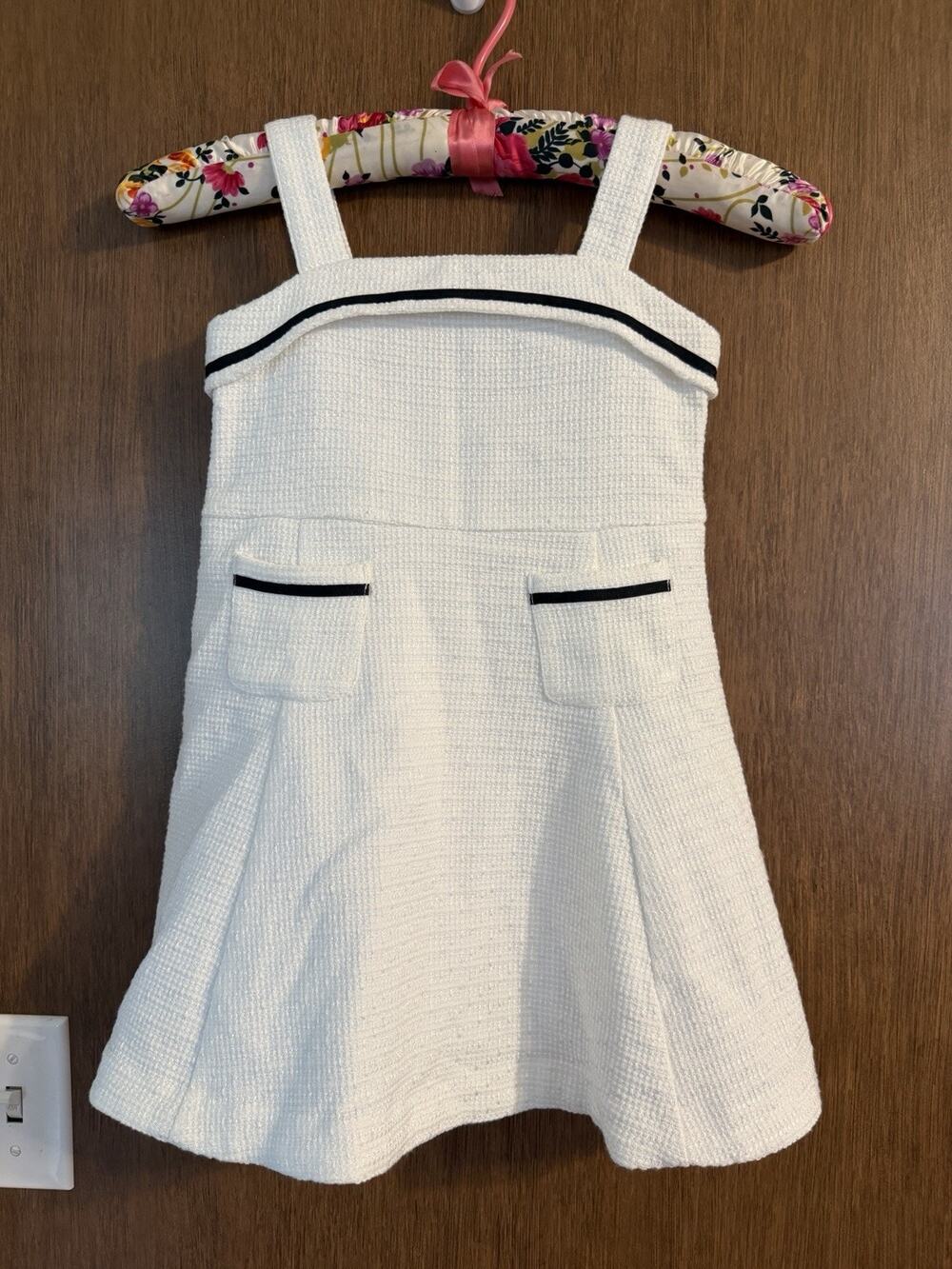 Janie and Jack Boucle Tweed Dress White Sailor Faux Pocket Trim Girls size 4